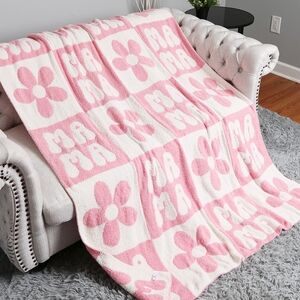 White Pink MAMA Retro Daisy Patterned Blanket Design Reversible Throw Gift